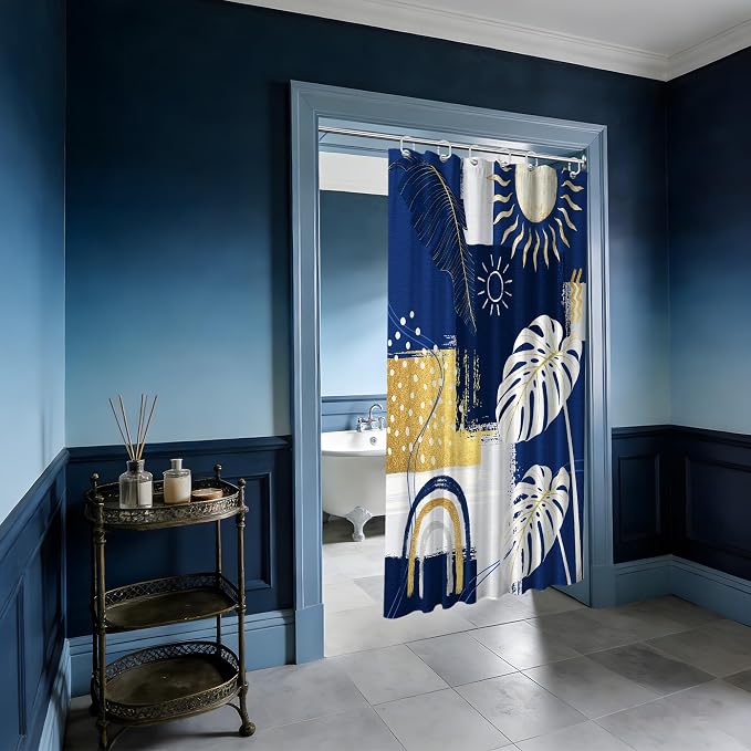 Small Stall Narrow Shower Curtain Blue and White Stand Up Abstract Navy Blue and Gold Boho Shower Curtains for Rv Camper Bathroom Decor Sets, Waterproof Cloth Fabric with Hooks, 36 x 72 Inch