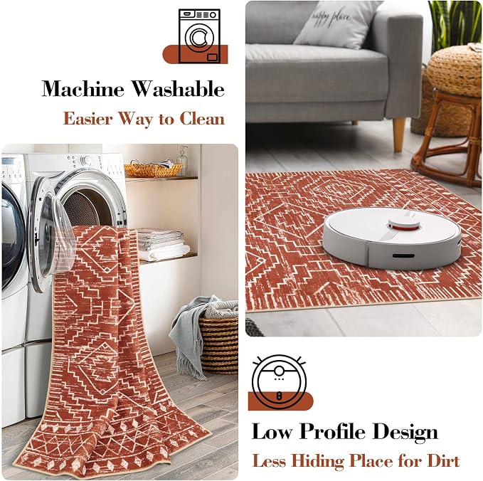 Wonnitar Moroccan Runner Rug 2x6, Washable Hallway Runner Rugs with Rubber Backing,Bohemian Geometric Kitchen Runner Non-Skid Soft Indoor Carpet for Bathroom Laundry Room (Brown,2'x6')