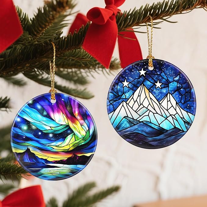 Christmas Ornaments, 2.8 Inch Ceramic Hanging Ornament, Christmas Tree Ornaments, Xmas Decorations, Holiday Decorations, Holiday Party Gifts, and Xmas Gift Ideas - Starry Night Peaks