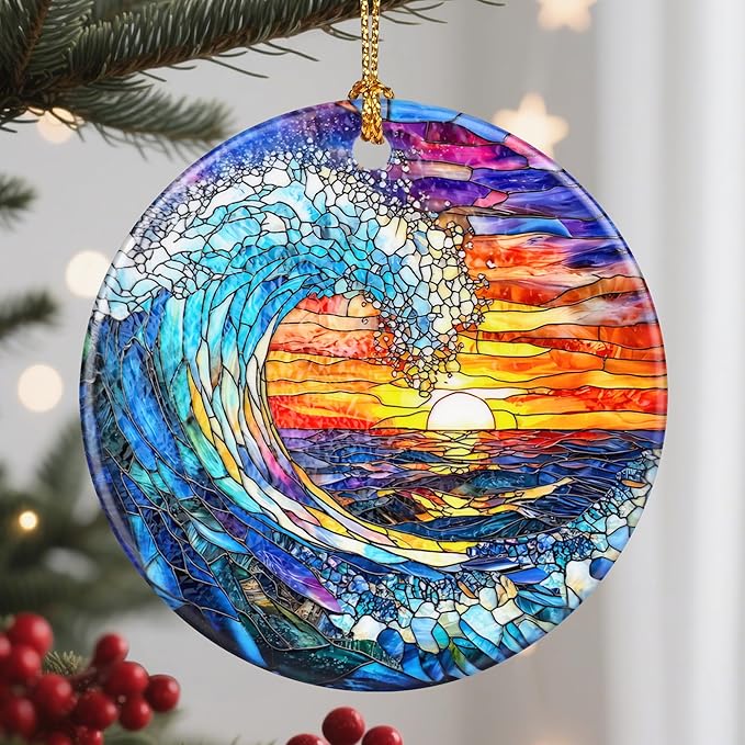 Christmas Ornaments, 2.8 Inch Ceramic Hanging Ornament, Christmas Tree Ornaments, Xmas Decorations, Holiday Decorations, Holiday Party Gifts, and Xmas Gift Ideas - Sunset On The Beach