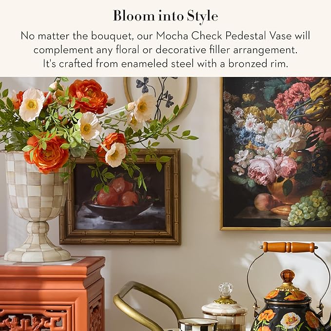 MACKENZIE-CHILDS Pedestal Vase, Decorative Centerpiece and Flower Holder, Brown-and-White Mocha Check