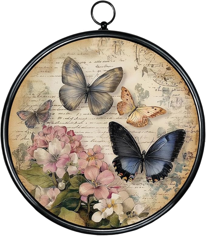 XIAOAIKA Round Vintage Wall Hanging Decor, Printed Textured Surface with Wood Back, Butterfly Design, Black Metal Frame, Ready to Hang for Living Room Bedroom, 10 Inch