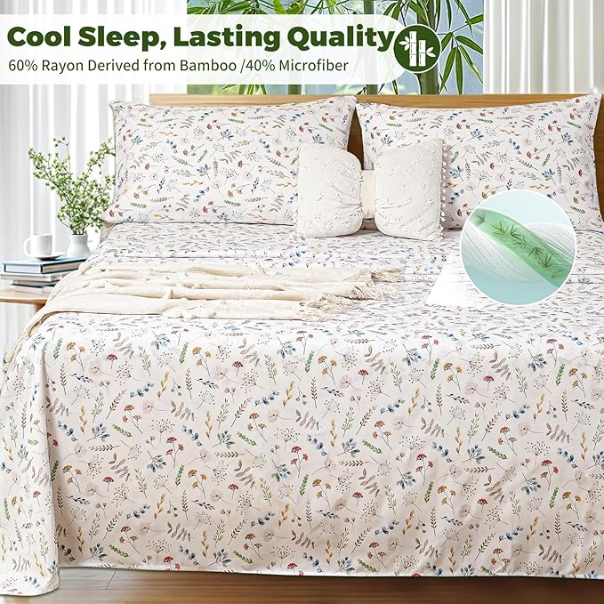 Bedlifes Extra Deep Pocket 18-24" Queen 4-Piece Sheet Set - Cooling Sheets Blend Rayon Derived from Bamboo Soft & Breathable Floral Design