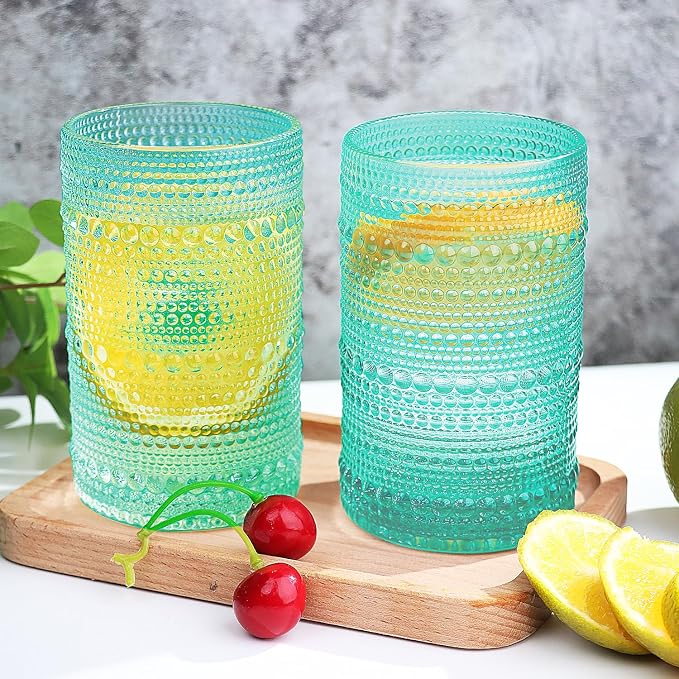 Hobnail-Drinking Glasses 13oz Vintage Glassware Sets Cocktail Juice Glasses Set of 6, Aqua