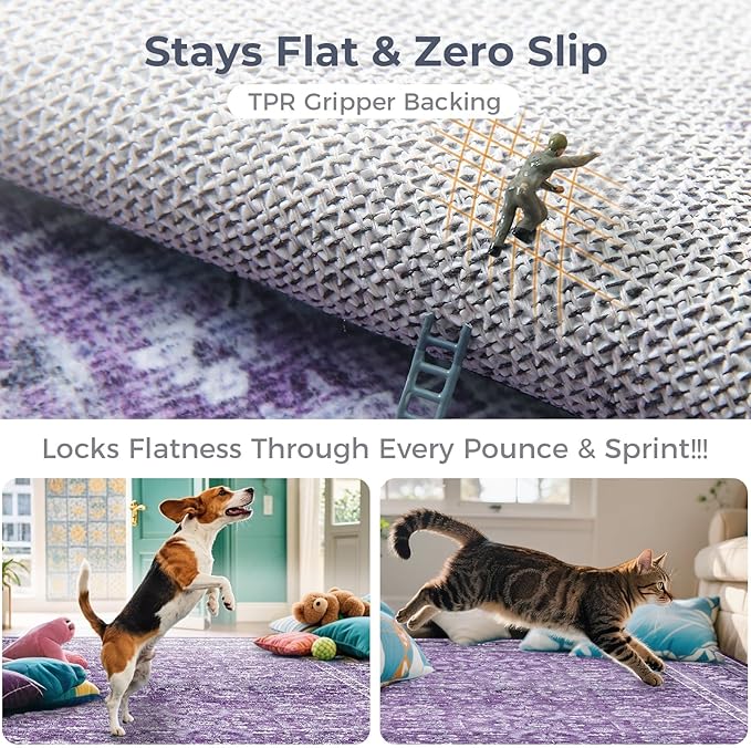 OPPODREAM Vintage Purple Area Rugs 8x10, 8 x 10 Retro Washable Rug Non Slip, Low-Pile Faux Wool Carpet, Distressed Floor Mat for Living Room, Bedroom, Office, Dorm, Dinning Room, Big & Large