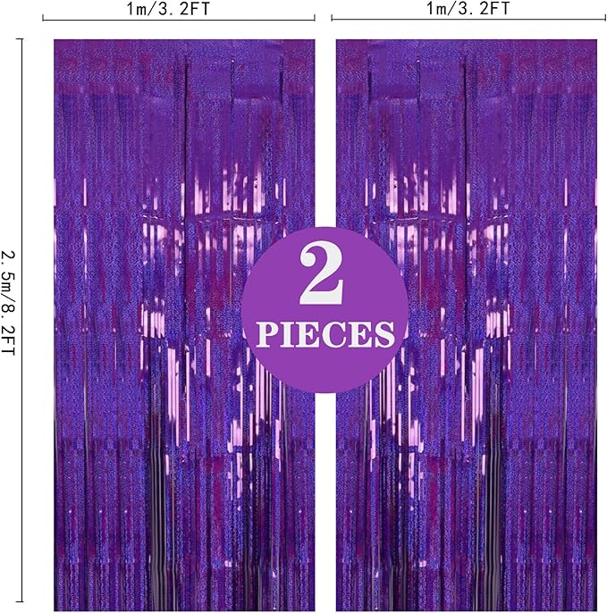 2 Pack 3.2ft x 8.2ft Purple Metallic Tinsel Foil Fringe Curtains, Large Photo Booth Backdrop Streamer Curtain for Party Door Wall Curtains Wedding Bachelorette Birthday Christmas New Year Decorations