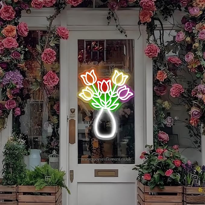 Tulips Bouquets Vases LED Neon Sign - Dimmable, Ideal Flower Neon Sign & Neon Signs for Wall Decor, Perfect for Spring-Themed Bedrooms, Floral Studios, Season Enthusiasts' Spaces, Great Gift for Flower & Spring Lovers