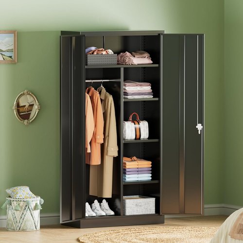 INTERGREAT Metal Wardrobe Closet - 72" Lockable Storage Armoire with Hanging Rod & 4 Adjustable Shelves - Black