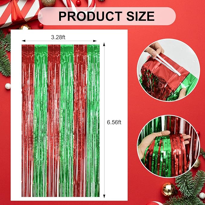 TONIFUL 3Pcs Red Green Door Streamers,Red GreenPhoto Booth Backdrop Metallic Streamers Foil Fringe Curtains for Birthday,Christmas,New Year,Bachelorette,Grad Party Streamers Decor(9.9ft x 6.6ft)