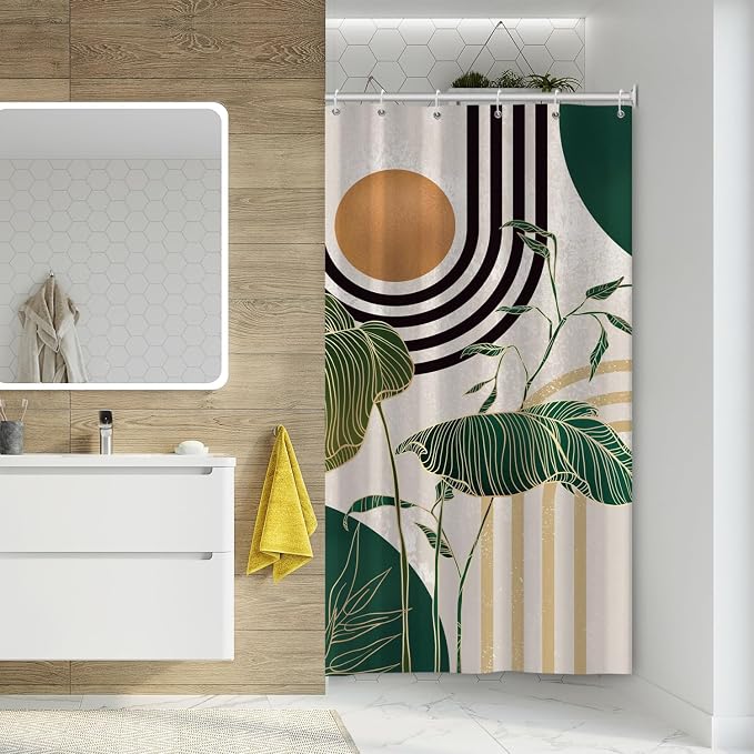 Boho Green Geometric Shower Curtain Bohemian Abstract Mid Century Tropical Bathroom Curtain Minimalist Modern Palm Leaf Shower Curtain Sets for Bathroom Extra Long 54x72 in with 10 Hooks