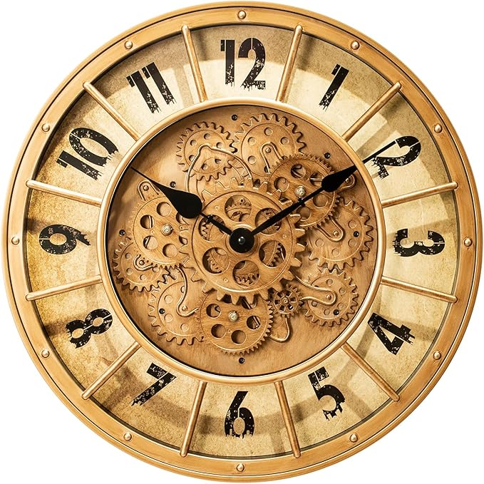 18 Inch Large Gear Clock with Realistic Moving Gears Industrial-Style Steampunk Wall Decor Clock Ideal for Living Rooms, Home Offices, Factories, Bedrooms, Warehouses, and Cabins (Gold, 18 inch)