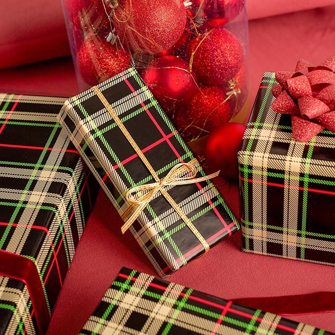 MAYPLUSS Wrapping Paper Roll 17in* 32.8 feet Black and Green Plaid with Red Line for Christmas,Birthday,Party,Holiday,Vintage Wrapping Paper for all Occassions (TTL:46.8sqft)