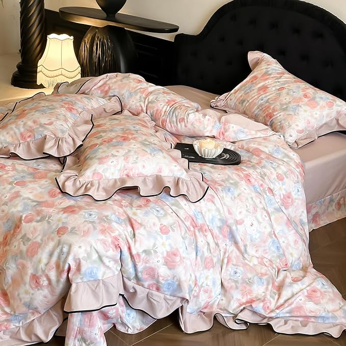 HighBuy Girl French Ruffle Duvet Cover Full Size,Coquette Ruffle Bedding Brushed Cotton Pink Rose Floral Comforter Cover Set for College,Farmhouse Chic Bedding Set Breathable