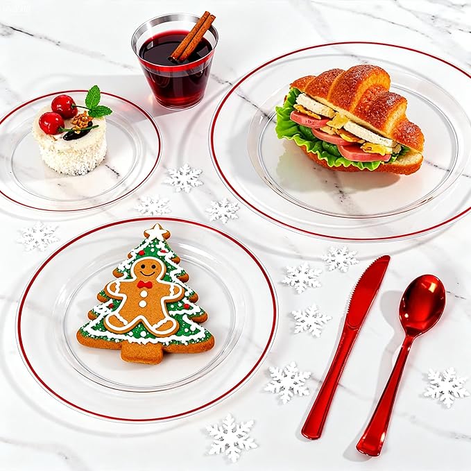 SUT 175 Pcs Red and Clear Plastic Dinnerware Set for 25 Guests, Include: 25 Dinner Plates, 25 Dessert Plates, 25 Pre Rolled Napkins With Silverware, 25 Cups, Disposable Plates for Party, Christmas