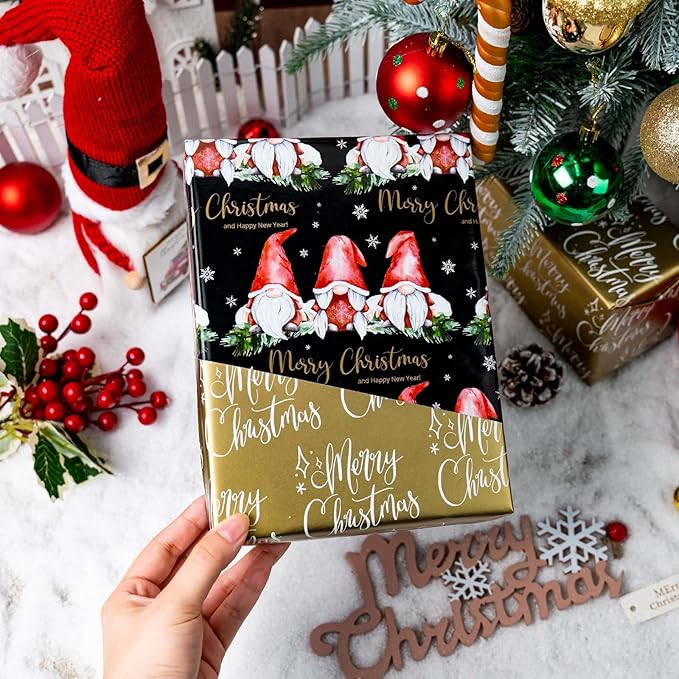 MAYPLUSS Christmas Wrapping Paper Roll - 17IN X 33FT - Gnome Gift Wrapping Paper Featuring white Snowflake Against black Reversible Merry Christams for Kids, Holiday, New Year