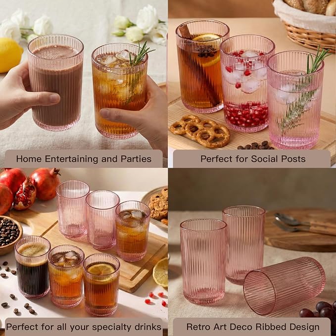 Pink Ribbed Highball Glasses Set of 6, 13.2oz Pink Colored Glassware, Drinking Glasses for Water, Juice, Iced Coffee, Cocktails, Pink Glass Cups, Housewarming Christmas Gift