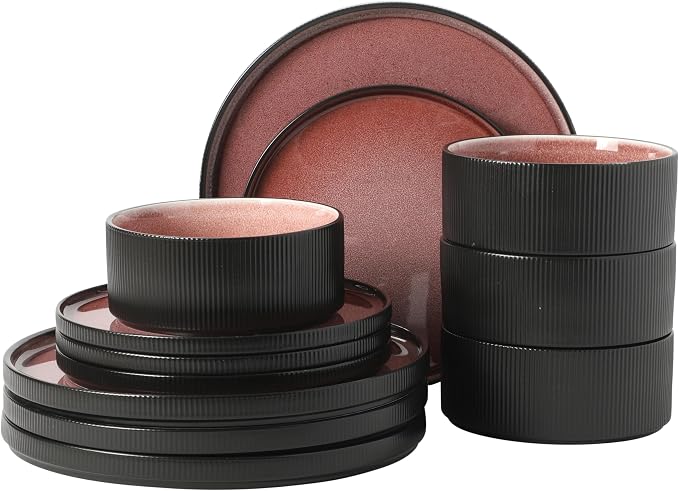 Gibson Elite Redrock Canyon 12-Piece New Bone China Dinnerware Set Service for 4, Reactive Glaze Plates and Bowls, Dishwasher and Microwave Safe, Brick Red