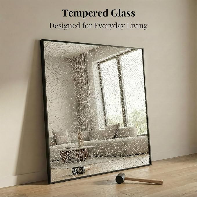 36"x36" Square Black Bathroom Mirror, Shatterproof Tempered Glass, Large Geometric Vanity Mirror, Oversized Ultra-Flush Wall-Mounted