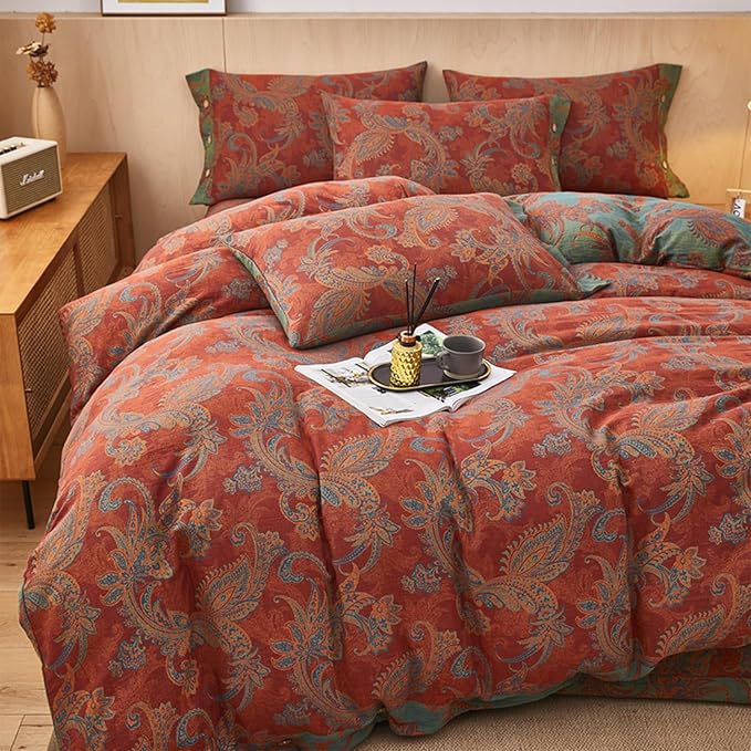 EAVD Vintage Style Jacquard Floral Duvet Cover King Soft 100% Cotton Muslin Yarn-Dyed Textured Bedding Set with 2 Pillowcases Boho Floral Comforter Cover with Button Closure