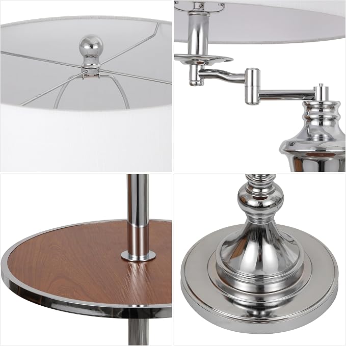 JONATHAN Y 60" Chrome Swing Arm Wood Integrated Side Tray Candlestick Tray Table Floor Lamp Traditional for Living Room Bedroom with White Linen Drum Shade LED Bulb Included JYL3055E