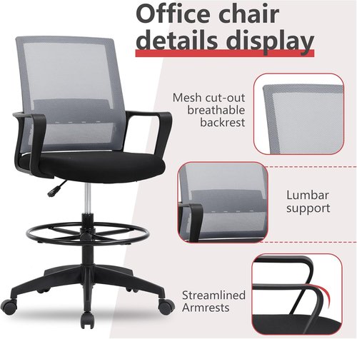 BestOffice Drafting Chair - Adjustable Tall Office Chair with Lumbar Support & Footrest | Mid Back, Ashy Color