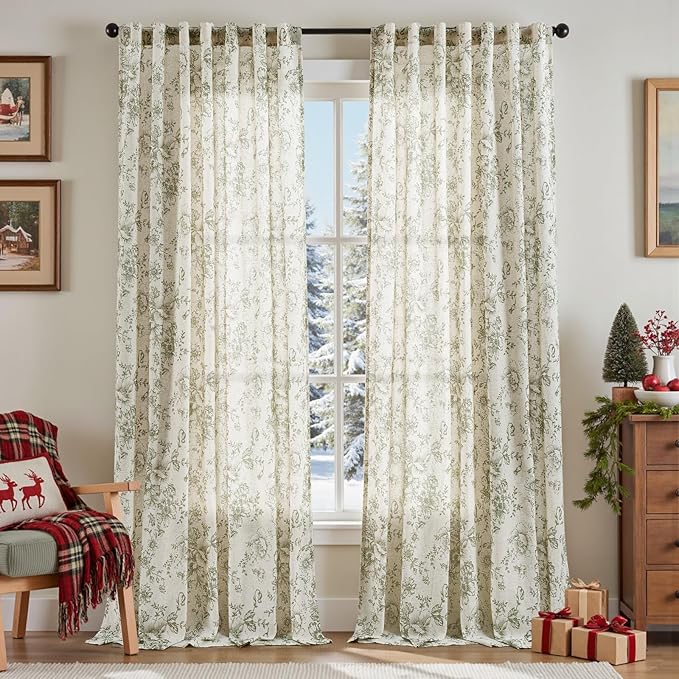 jinachan Linen Blend Floral Curtains for Living Room 96 Inch Length Christmas Sage Green Printed Curtain Back Tab Farmhouse Peony Flower Patterned Drapes Bedroom Window Curtains Set 2 Panels