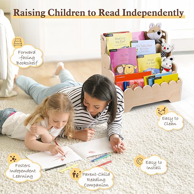 MBYD Wooden Kids Bookshelf 4-Tier, Scalloped Book Shelf for Kids, Front Facing Toddler Montessori Bookshelf, Baby Nursery Book Shelves, Children Bookcase Organizer for Bedroom Playroom Living Room