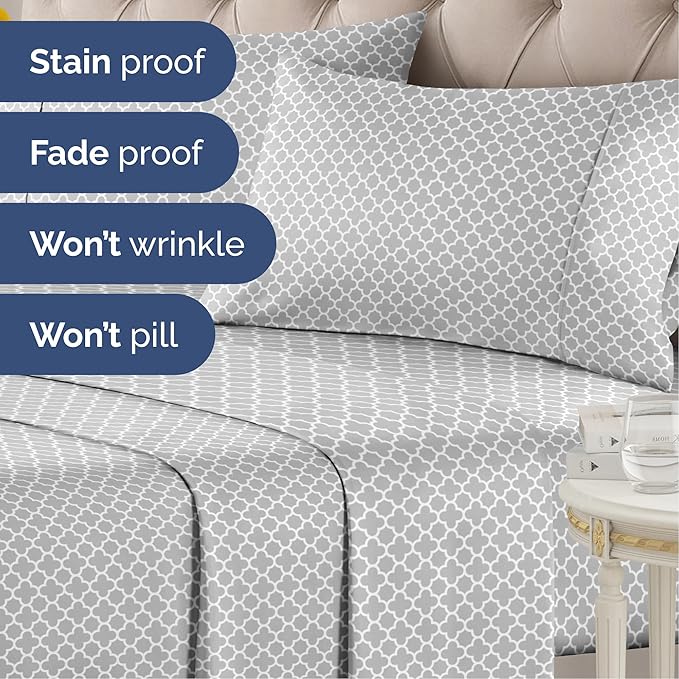 Grey Geometric Bed Sheets - 1 Flat & 1 Fitted Sheet & 1 Pillowcase w/ Deep Pockets – Cozy, Wrinkle & Fade Free- Ultra-Soft, Breathable & Cooling - Luxury Moroccan Bed Set – Twin Size - Gray Quatrefoil