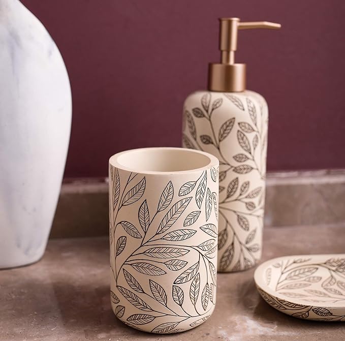 Hymmah Bathroom Accessories Set,Toothbrush Holder,Farmhouse Bathroom Decor,4 Pcs Resin Gift Set Apartment Necessities, Contain Toothbrush Cup,Soap Dispenser,Soap Dish,Tumbler