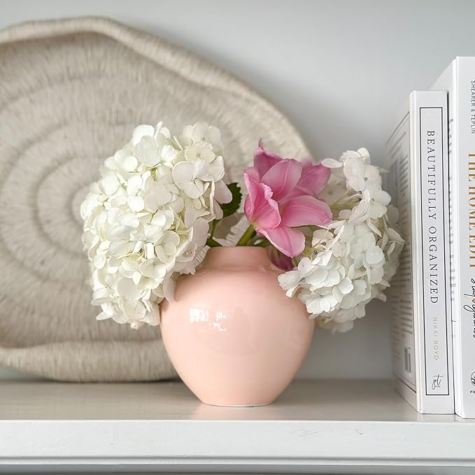 Willowy Small Pinkish-Beige Porcelain Flower Vase – 5 Inch Glossy, Ceramic Pink Vases for Home Decor, Tan Vases for Flowers, Mini/Short Beige Round Vase