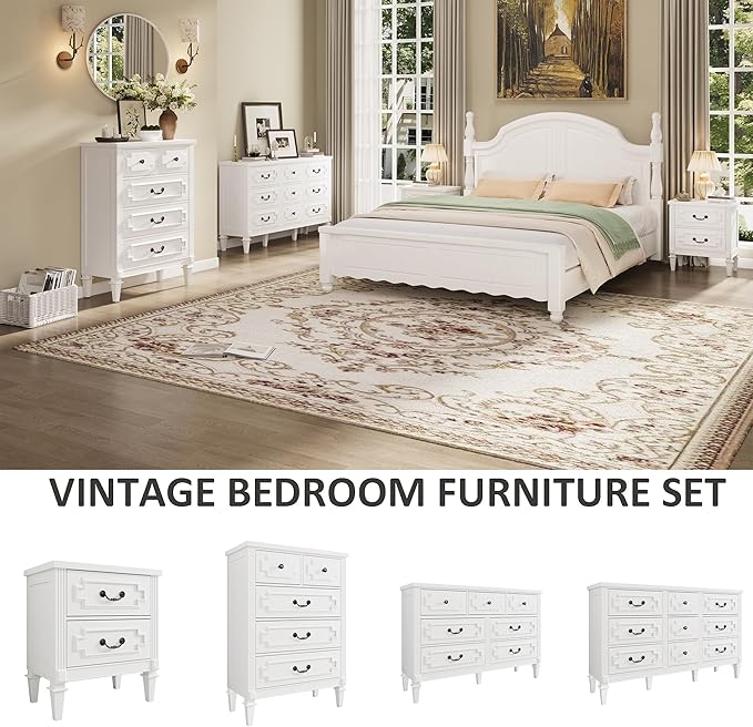 BLANKSPACE 5 Drawer Dresser for Bedroom, 44" Tall Dresser & Chest of Drawers wtih Vintage Surface, Closet Storage Cabinet for Living Room, Hallway, White