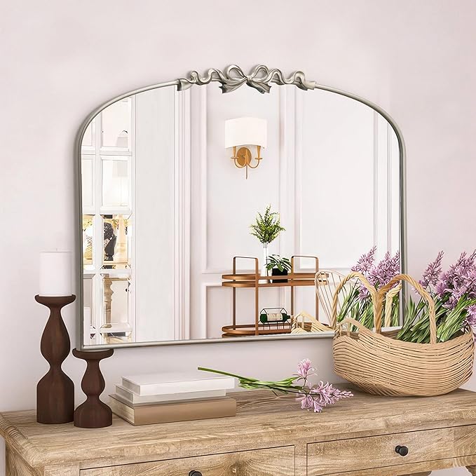 Besdomus Vintage Arched Large Mirror: 36"x29" Champagne Silver Bow Antique Wall Mounted Mirror - Baroque Traditional Ornate for Fireplace/Bathroom/Living Room - Home Decor for Fashion-Conscious