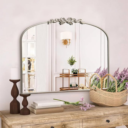 Besdomus Vintage Arched Large Mirror: 36"x29" Champagne Silver Bow Antique Wall Mounted Mirror - Baroque Traditional Ornate for Fireplace/Bathroom/Living Room - Home Decor for Fashion-Conscious