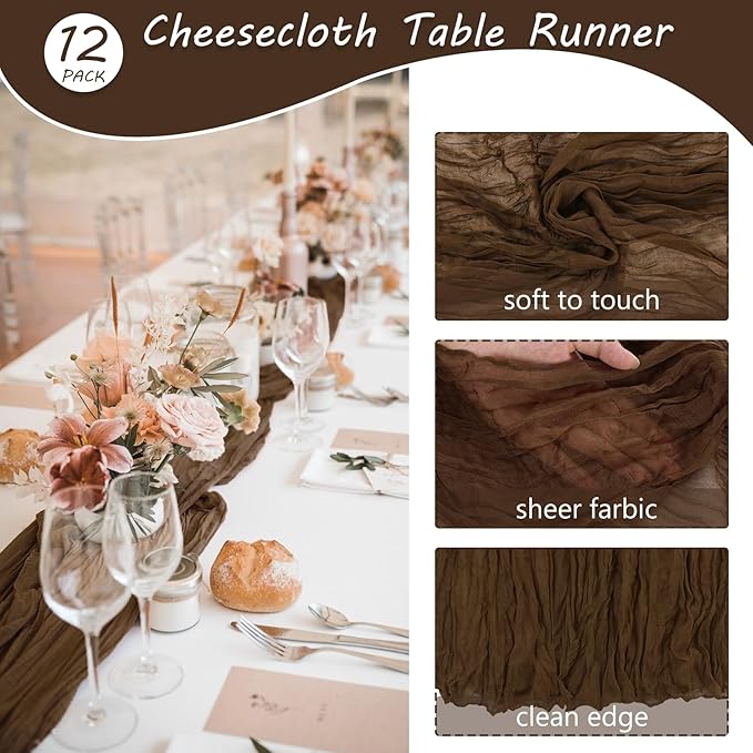 Fivenl 12 Pack Brown Boho Rustic Cheesecloth Table Runner 35x72 Inch Romantic Vintage Gauze Table Runner for Wedding Bridal Shower Birthday Party Table Decor