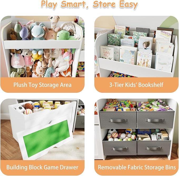 Toy Storage Organizer with Stuffed Animal Storage - Kids Bookshelf with 4 Removable Bins and 1 Movable Toy Storage Bin, 3-Tier Bookshelf with Building Block Play Table for Kids Room Playroom (White)