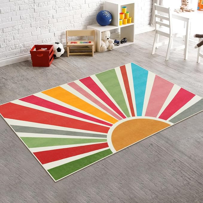 STARUIA Boho Washable Rug 3'x5' Kids Area Rug for Playroom, Colorful Kids Rugs for Bedroom, Non-Slip Throw Sun Carpet Soft Small Sunshine Rugs for Office Nursery Entryway Dorm