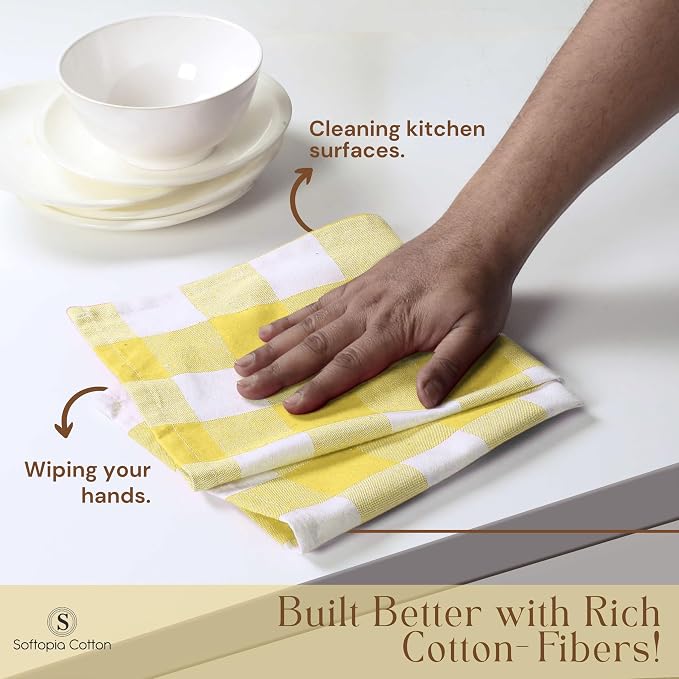 Buffalo Check Kitchen Towels, 16x26 Inches, 4 Pack Plaid Tea Towels, Reusable Cotton Dish Cloths, Quick Drying, Absorbent Towel for Cooking, Drying Dishes, Lemon Yellow and White