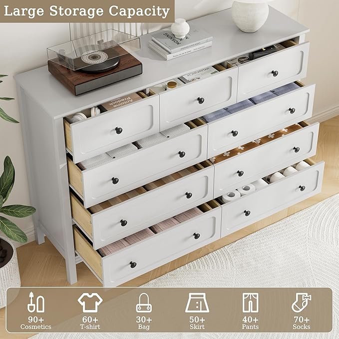 White Dresser for Bedoom, Modern Chest of Drawers, Wood 9 Drawer Dresser with Metal Handles, Modern Dressers & Chest of Drawers for Living Room, Hallway, Entryway