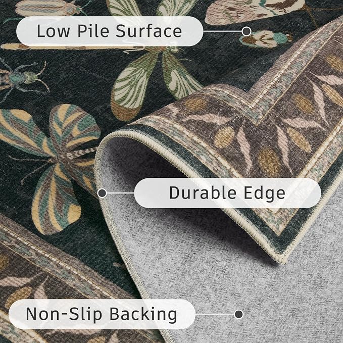 DCX Black 5x7 Washable Bug Rug, Botanical Insect Rug with Non-Slip Rubber Backing, Soft Low-Pile, Stain-Resistant, Kid & Pet Friendly, for Living Room, Bedroom, Office, and Nature-Themed Decor