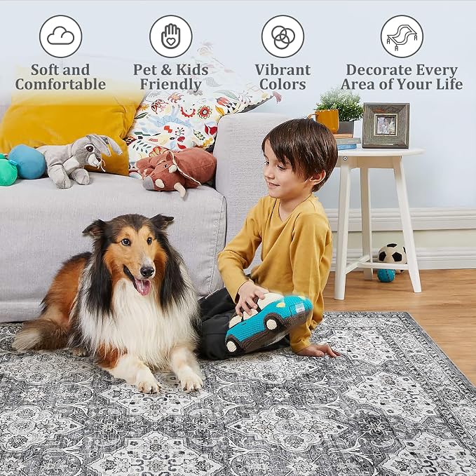 GAOMON Area Rug 5x7 Boho Vintage Rug Small Indoor Area Rug Distressed Floral Print Floor Carpet Cover Washable Foldable Accent Rug for Bedroom Living Room Kitchen, 5’x7’, Grey