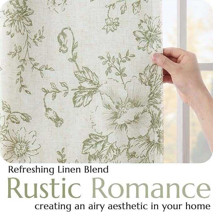 jinachan Blackout Curtains Linen Blend Floral Curtain for Living Room 63 Inch Length Christmas Sage Green Flower Printed with Lined Blackout Drapes for Bedroom Farmhouse Curtains Set 2 Panels