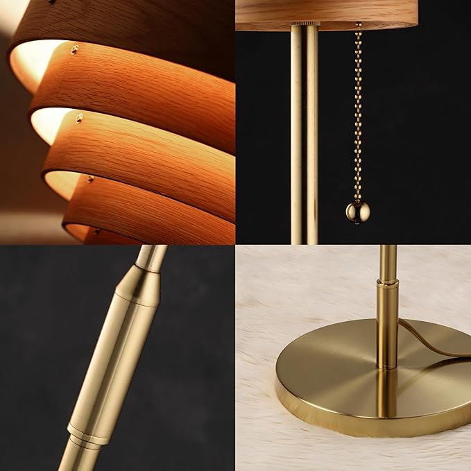 O'Bright Cascade Floor Lamp – Modern Wooden Layered Lampshade, E26 Socket, Pull Chain Switch, Metal Base, Standing Lamp for Living Room, Bedroom, Office, Antique Brass