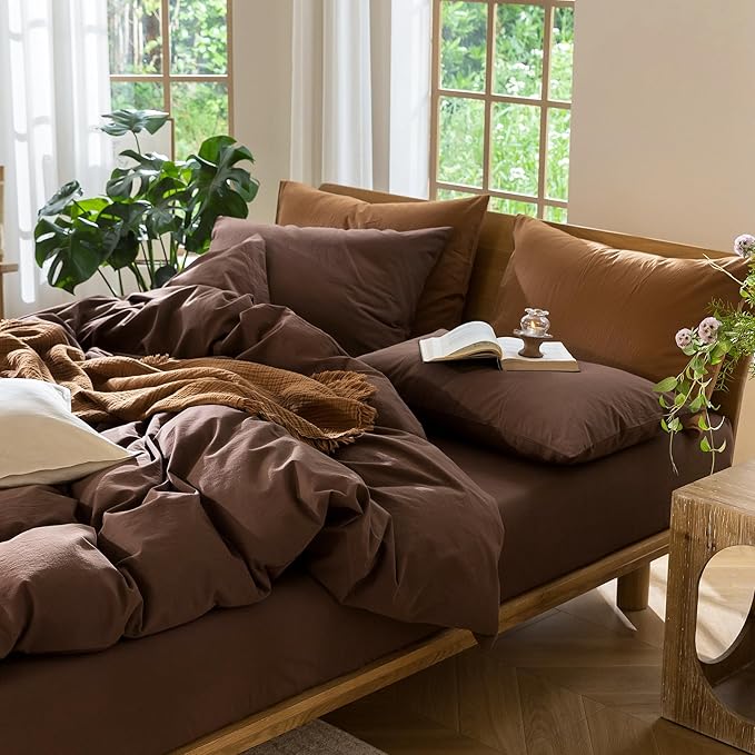 MooMee Bedding Duvet Cover Set 100% Washed Cotton Linen Like Textured Breathable Durable Soft Comfy (Solid Cocoa Brown, Cal King 104"x98")