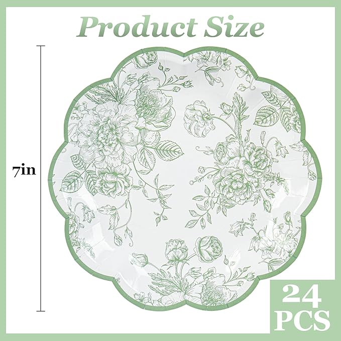Green Floral Party Plates Vintage Floral Leaf Disposable Paper Plates Wildflower Sage Green Toile 7" Scalloped Rim Dessert Plates for Christmas Birthday Bridal Tea Party Supplies (24)
