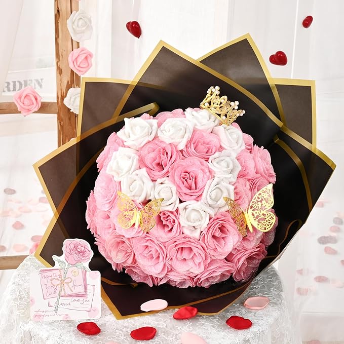 36+20 Glitter Roses Bouquet, DIY Fake Flowers Bouquet, Craft the Initials of Your Loves' Name with Artificial Rose Bouquet for Valentines, Anniversary, Wedding, Mothers Day Gifts, Pink & White