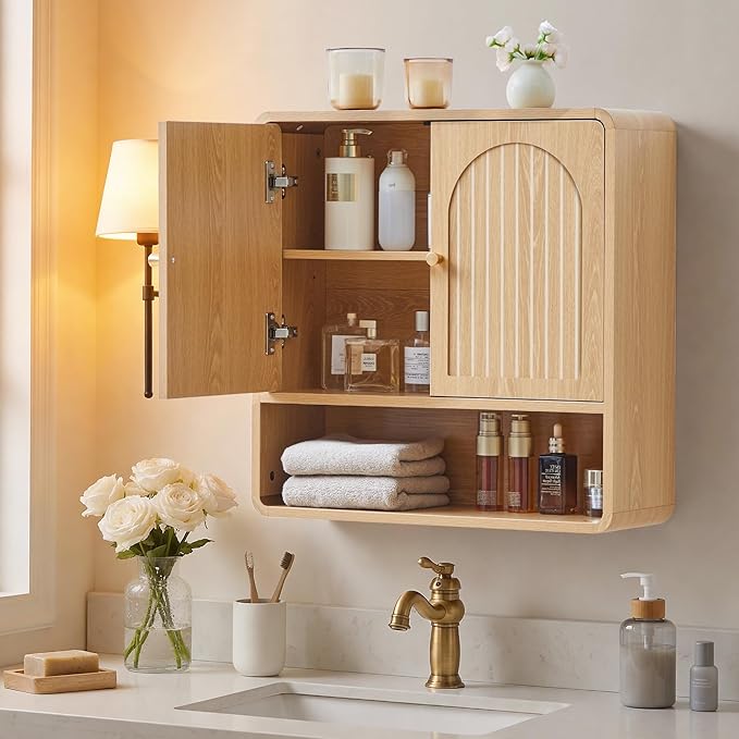 Wall Storage Cabinet with Adjustable Shelf, Over the Toilet Storage Cabinet for Bathroom, Light Wood Color Medicine Cabinet Organizers for Bathroom, Laundry Room, Kitchen (Natural)