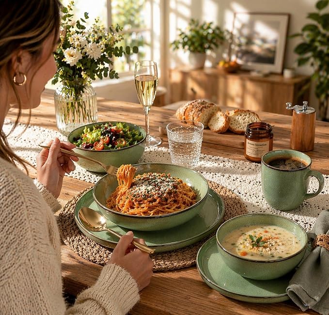 GBHOME 24 Pieces Double Bowls Dinnerware Sets for 6, Stoneware Plates and Bowls Set with Reactive Glaze, Scratch Resistant Stoneware Dishes Set, Dishwasher & Microwave Safe