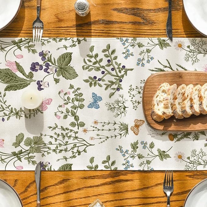 Artoid Mode Wildflowers Floral Spring Table Runner, Butterfly Seasonal Summer Kitchen Dining Table Decoration for Home Party Decor 13x48 Inch