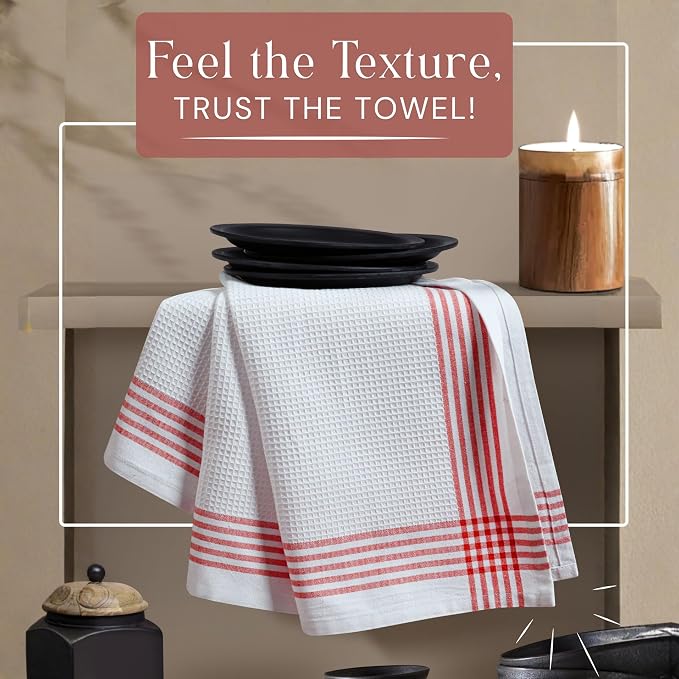 Waffle White & Red Kitchen Dish Towels, Set of 4, 100% Cotton 16x26 inches, Absorbent Tea Towel, Multi-Purpose Hand Cleaning Towel, Strong and Reusable Dish Cloths for Drying Dishes