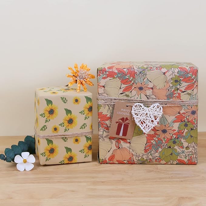 Aimyoo Kraft Floral Wrapping Paper Bundle, Vintage Sunflower Flower Gift Wrap Paper for Wedding Bridal Shower Birthday Rolls of 4, 17 in x 16 ft per Roll
